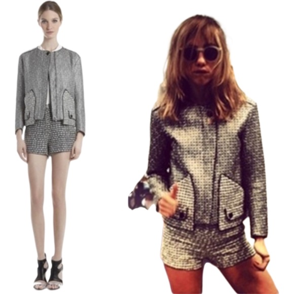 Sandro Tweed Jacket Black Silver Metallic Voyage Front Zip Cropped Size Medium - Picture 1 of 13